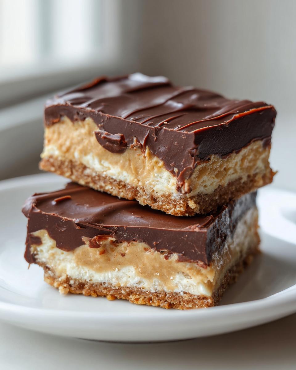 Two stacked bars of buckeye graham crackers dessert, showing layers of crust, peanut butter filling, and chocolate topping.