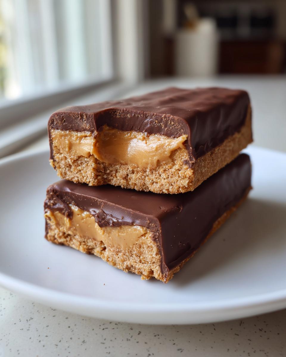 Two stacked bars of buckeye graham crackers showing the chocolate coating, peanut butter filling, and graham cracker base.