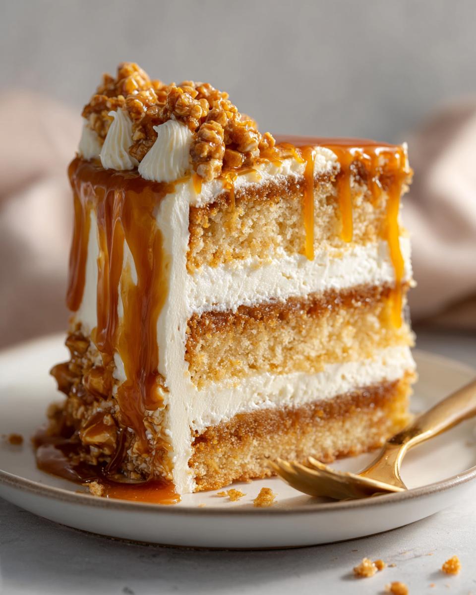 A decadent slice of caramel crunch cake featuring multiple layers of cake, cream, and dripping caramel sauce.