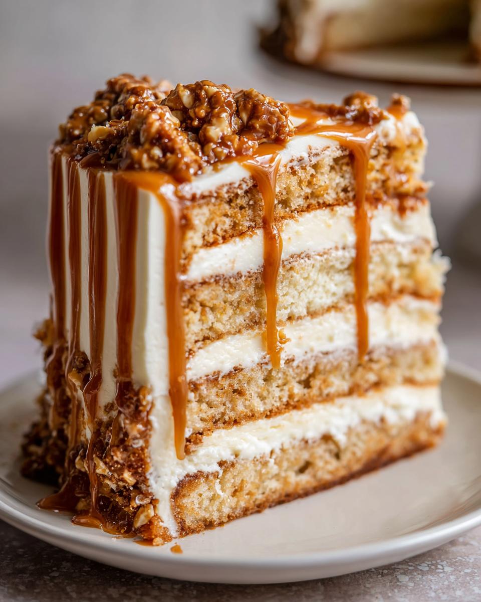Close-up of a decadent slice of caramel crunch cake showing multiple layers of cake and cream frosting, topped with nuts and caramel drizzle.