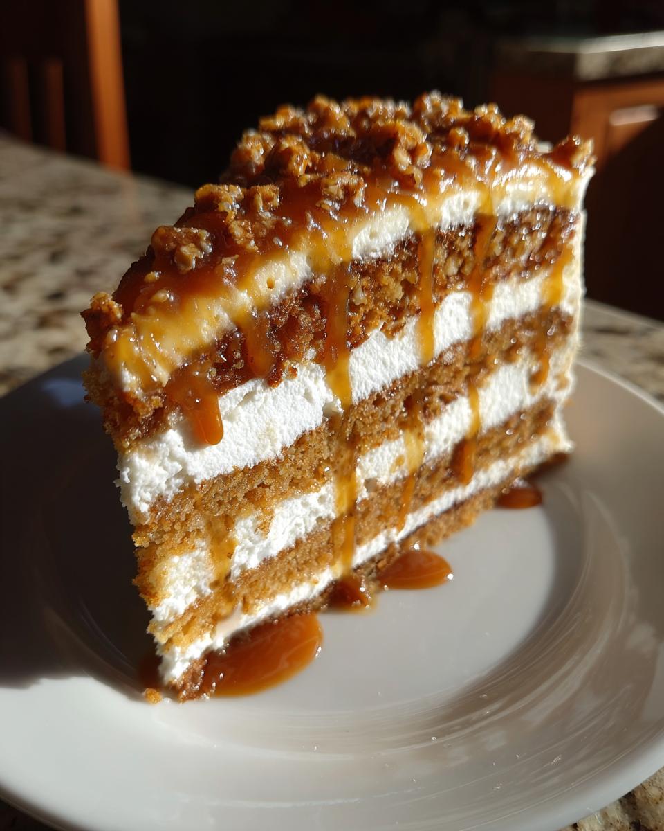 A tall slice of caramel crunch cake showing multiple layers of cake and cream, topped with caramel drizzle and crunch.