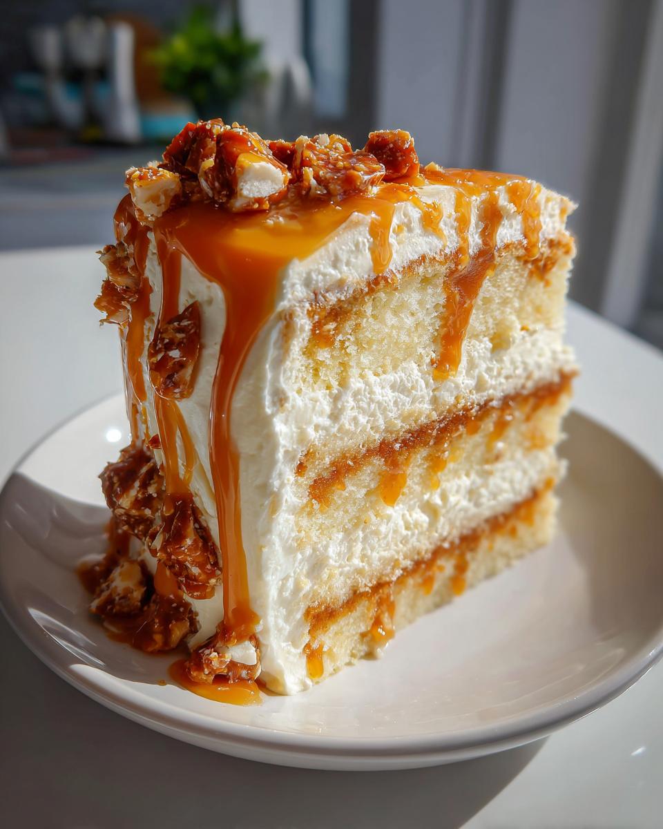 A tall slice of caramel crunch cake featuring layers of white cake, cream frosting, caramel filling, topped with dripping caramel sauce and crunchy nuts.