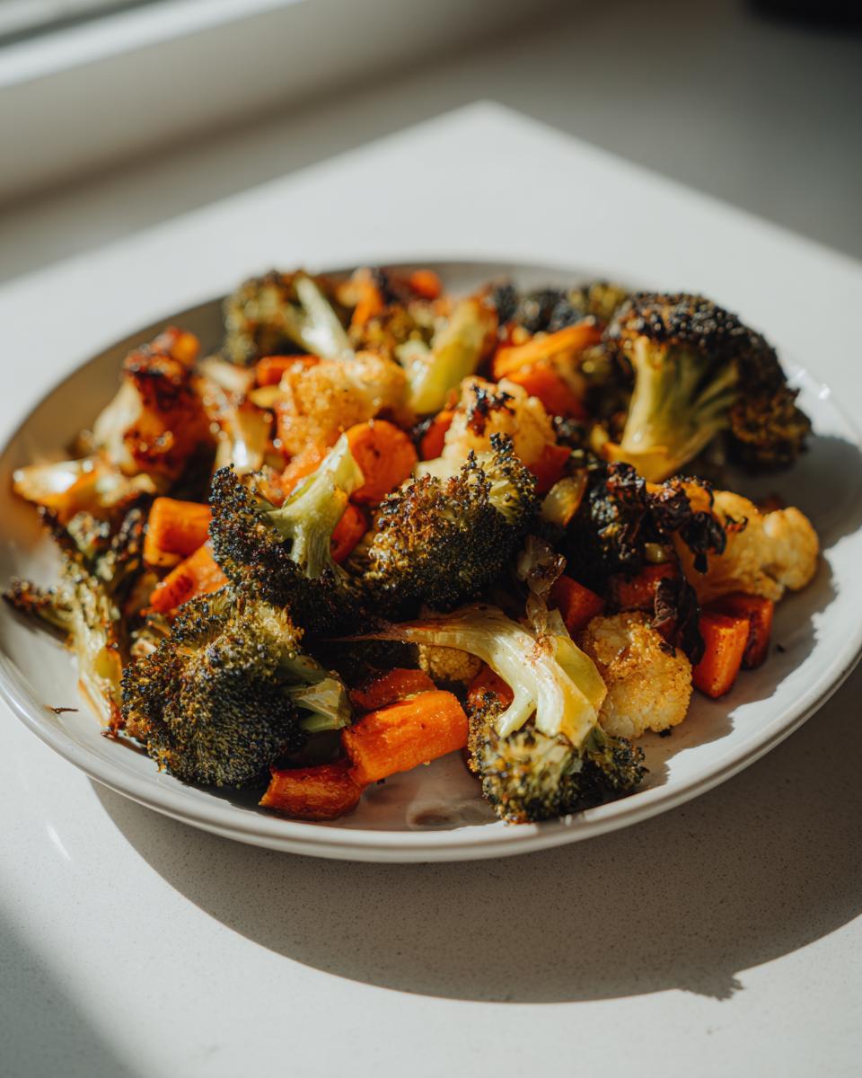 A plate piled high with beautifully caramelized roasted vegetables, including broccoli, carrots, and cauliflower.