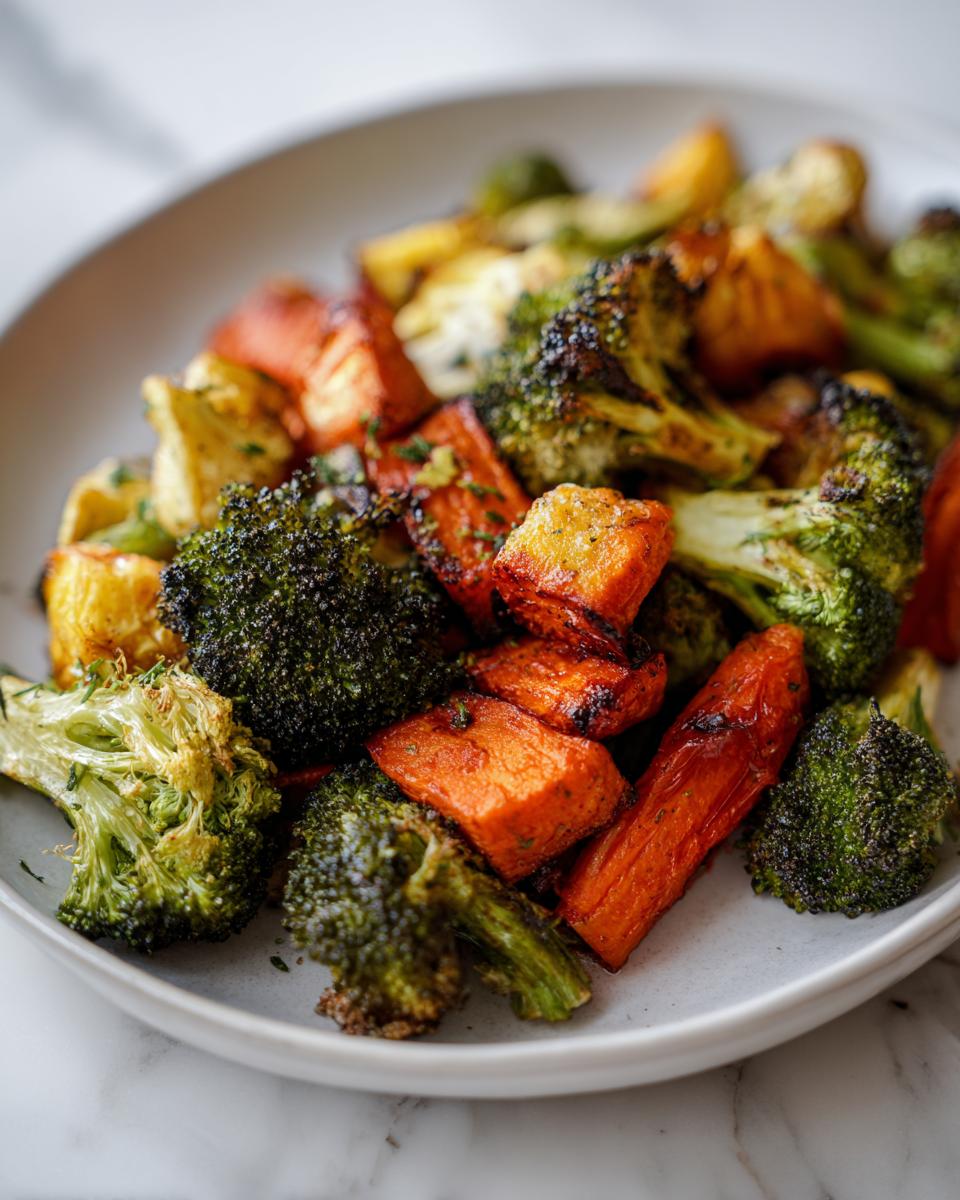 Close-up of perfectly caramelized roasted vegetables, featuring charred broccoli florets and sweet carrots.