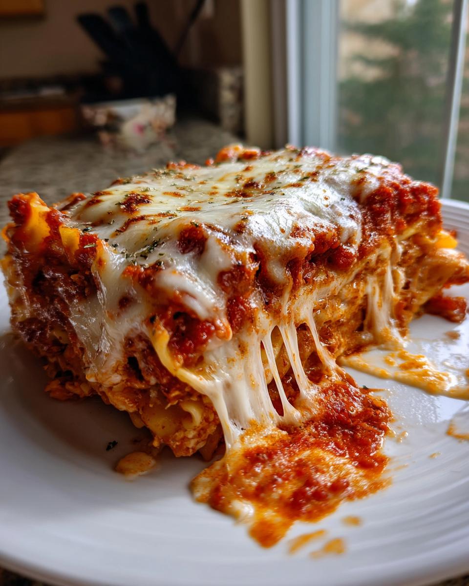 A gooey, cheesy slice of baked ravioli covered in rich tomato sauce, showing dramatic cheese pulls.