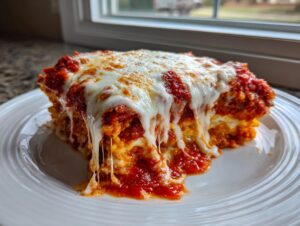 Close-up of a cheesy, saucy slice of baked ravioli with melted mozzarella dripping down the side.