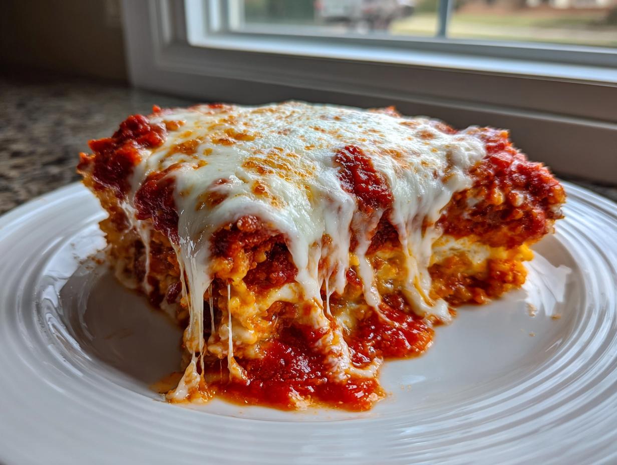 Close-up of a cheesy, saucy slice of baked ravioli with melted mozzarella dripping down the side.