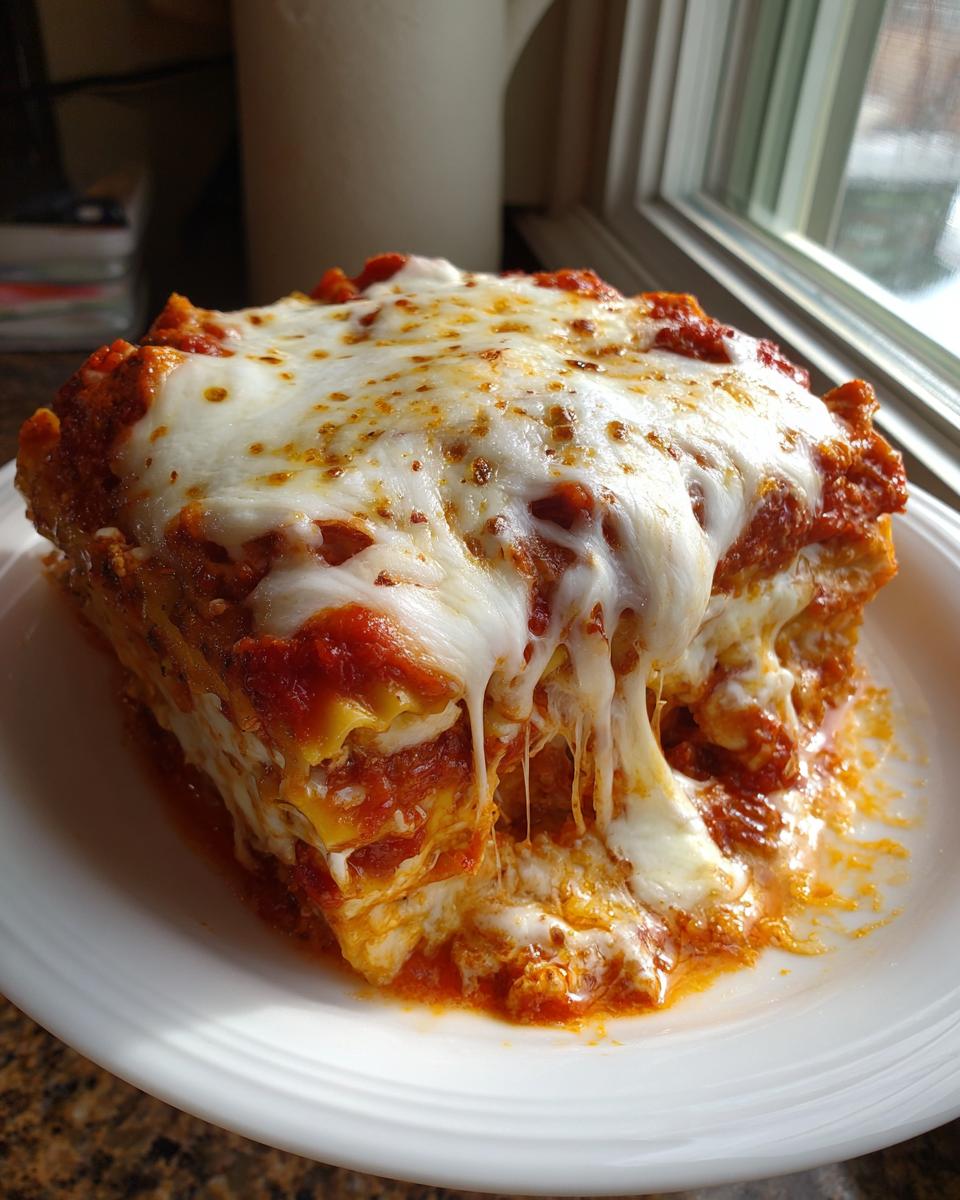 A generous slice of baked ravioli covered in melted, gooey mozzarella cheese and rich tomato sauce.