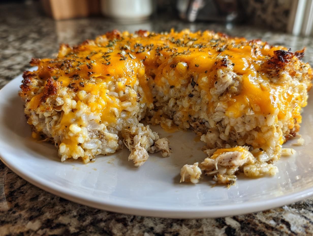 A portion of baked cheesy chicken and rice casserole topped with melted cheddar and herbs.