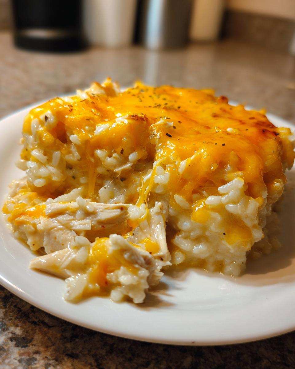 A close-up serving of cheesy chicken and rice casserole with gooey melted cheddar cheese on top.