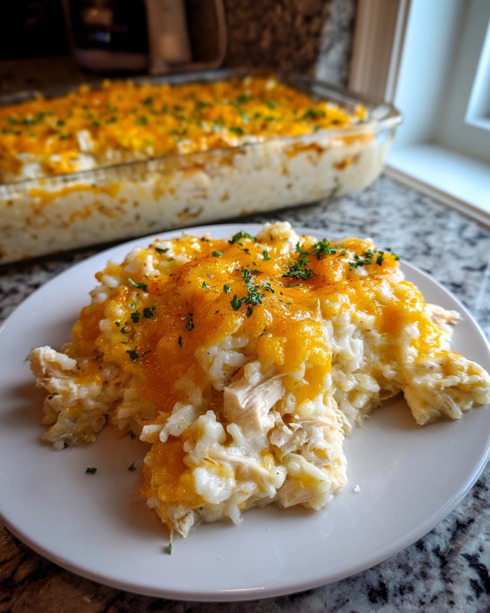A generous serving of cheesy chicken and rice casserole topped with melted cheddar cheese and parsley.