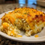A close-up serving of cheesy chicken and rice casserole with melted cheddar cheese topping.
