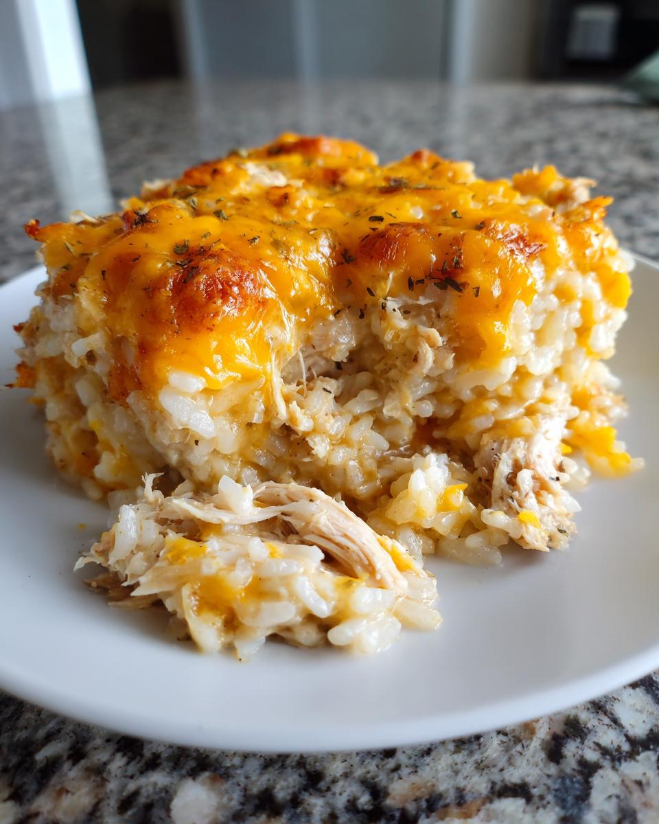 A square serving of cheesy chicken and rice casserole with melted cheddar cheese topping.