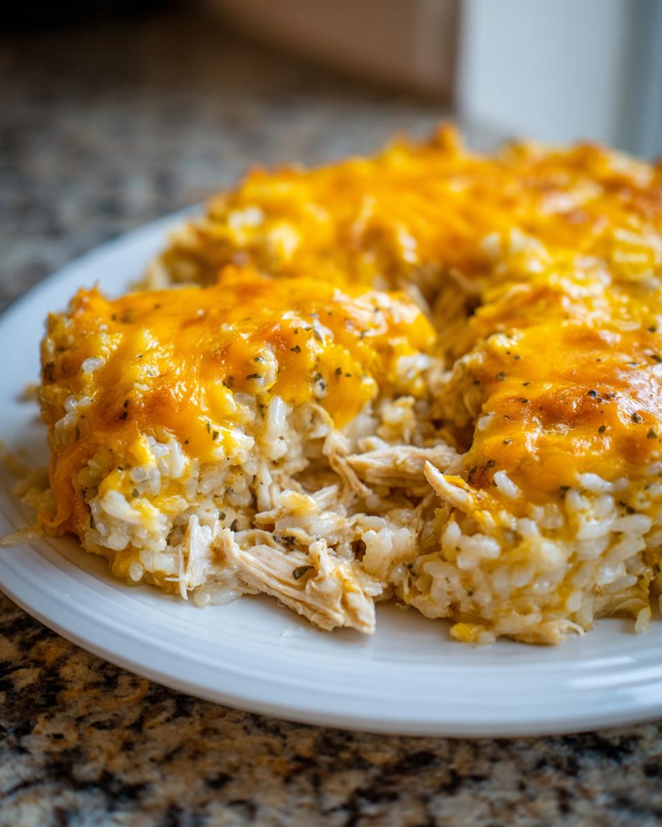 Close-up of a serving of cheesy chicken and rice casserole topped with melted cheddar cheese.