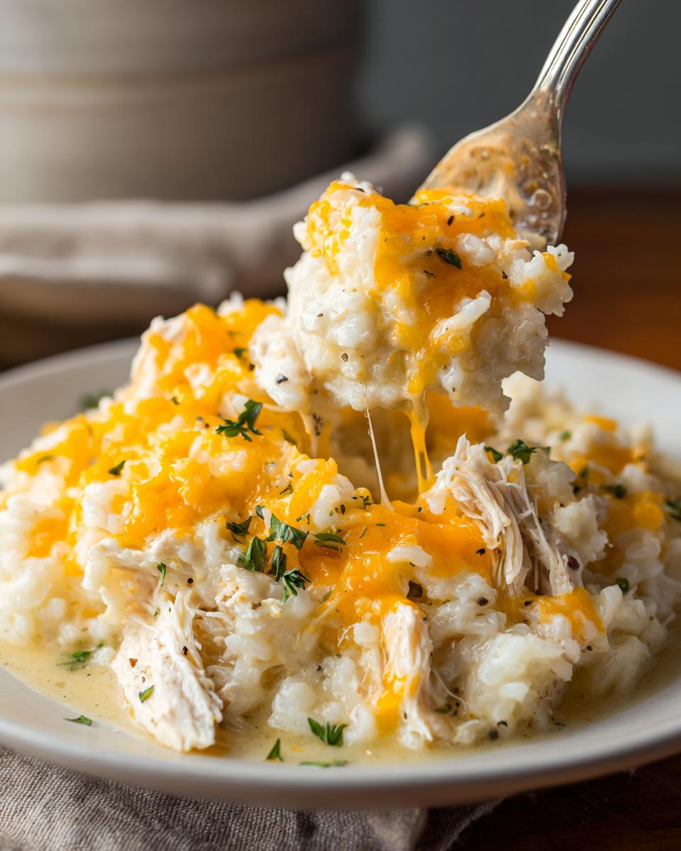 A fork lifts a cheesy, creamy portion of crock pot chicken and rice topped with melted cheddar and parsley.