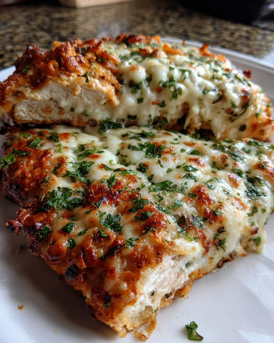 Close-up of cheesy Fiesta Lime Chicken breast cut in half, showing melted cheese and parsley topping.