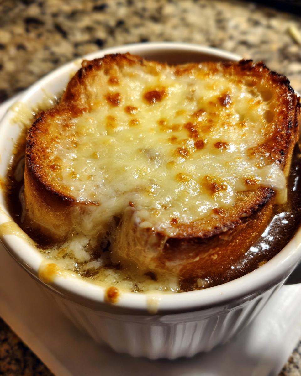 A close-up of a bubbling bowl of french onion soup topped with a thick, broiled layer of melted Gruyère cheese over toasted bread.