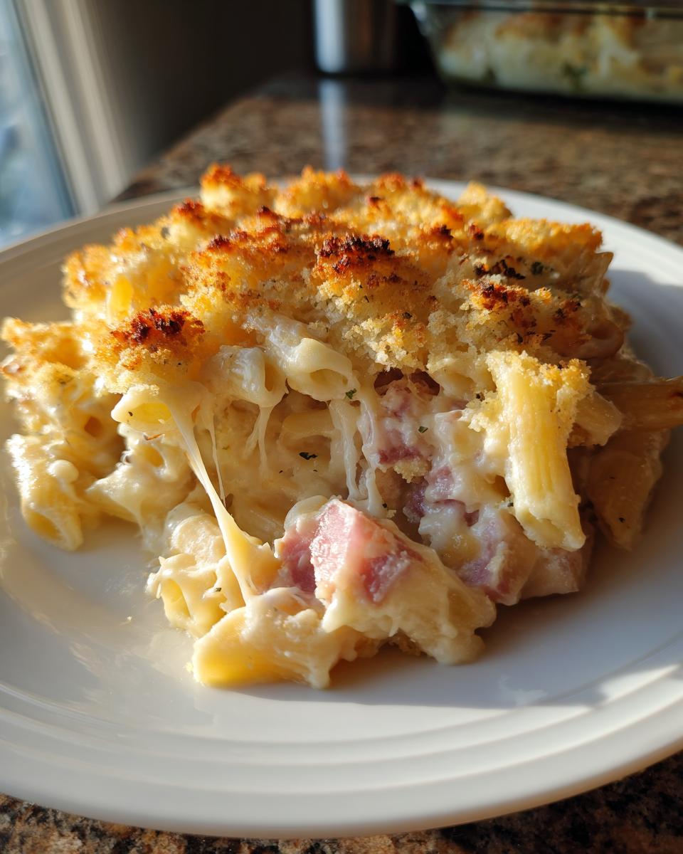A serving of creamy Ham and cheese casserole showing melted cheese pull and a golden brown breadcrumb topping.
