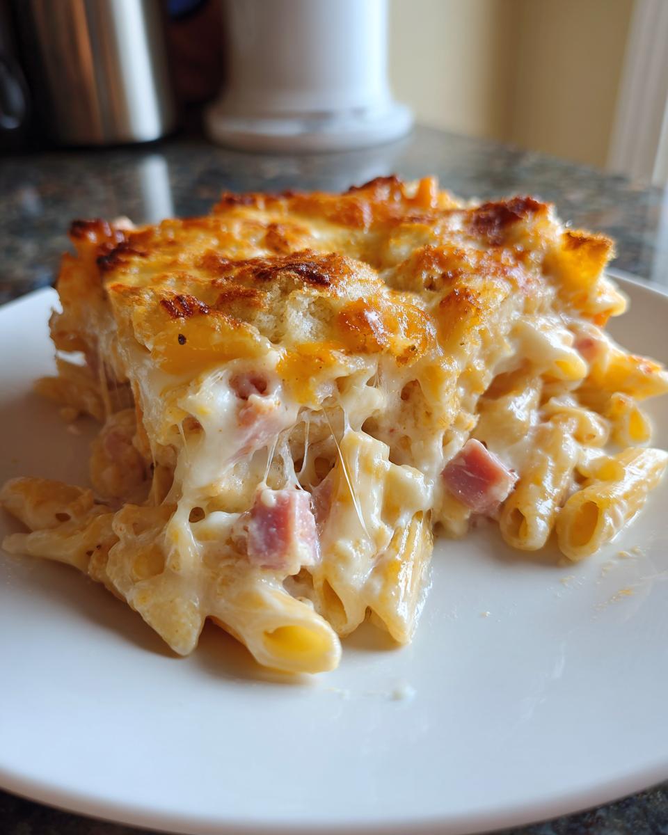 A close-up of a serving of Ham and cheese casserole showing melted cheese strings and chunks of ham mixed with penne pasta.