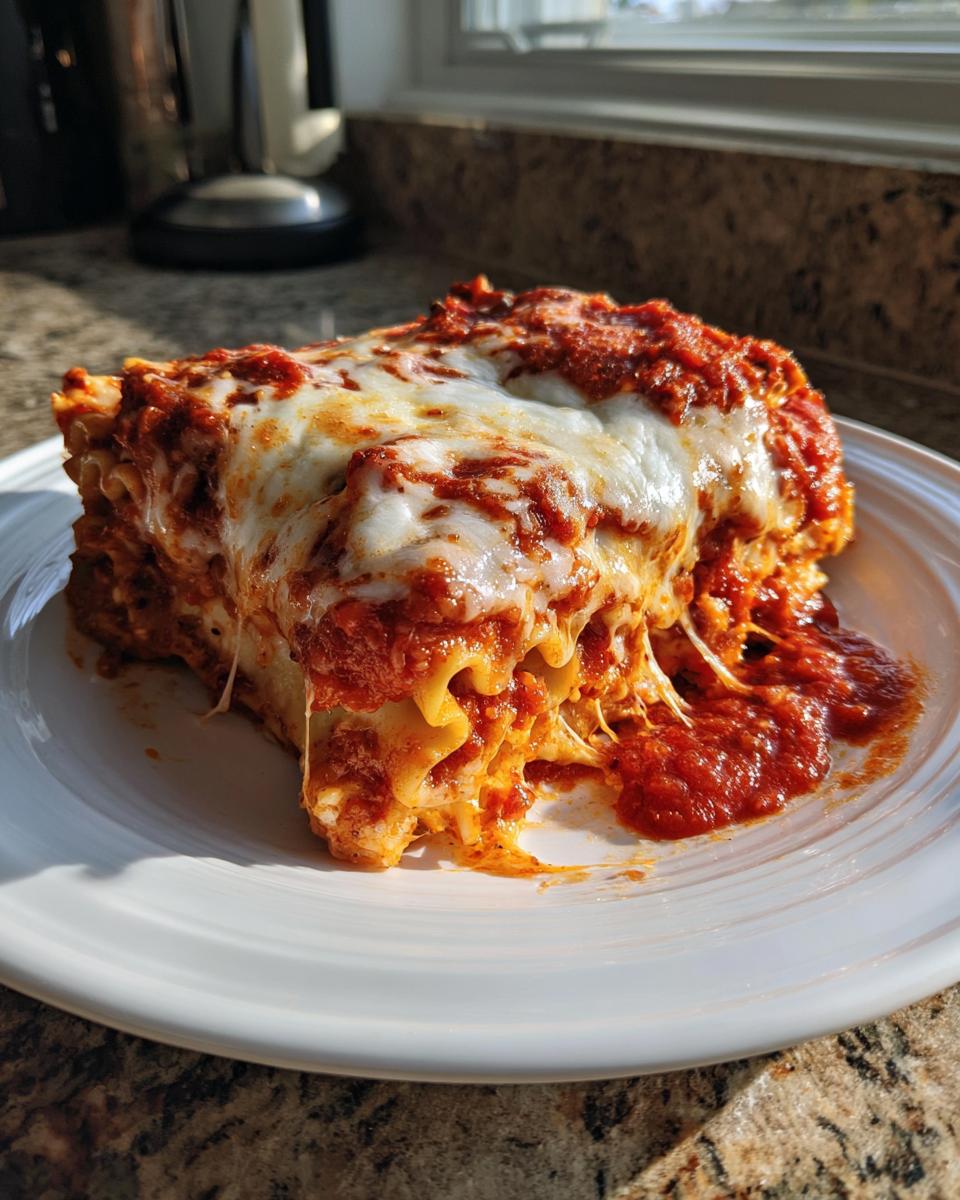 A generous, cheesy slice of baked ravioli covered in rich tomato sauce, served on a white plate.