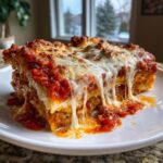 A gooey, cheesy slice of baked ravioli layered with rich tomato sauce on a white plate.