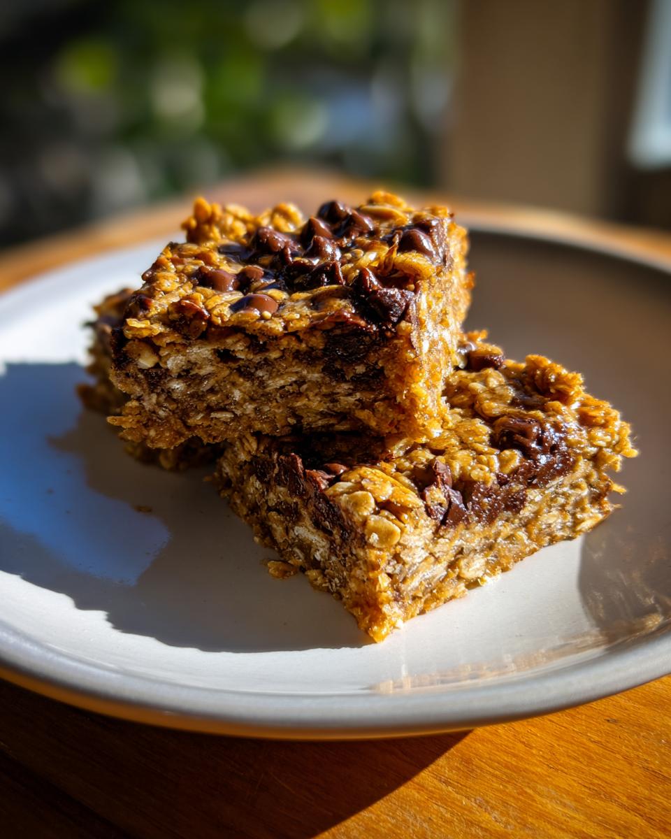 Two chewy oatmeal bars stacked on a white plate, topped with melted chocolate chips.