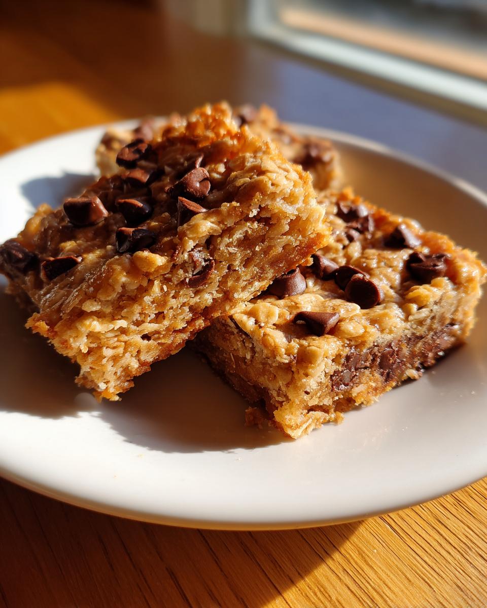 Close-up of two chewy oatmeal bars topped with chocolate chips, resting on a white plate.