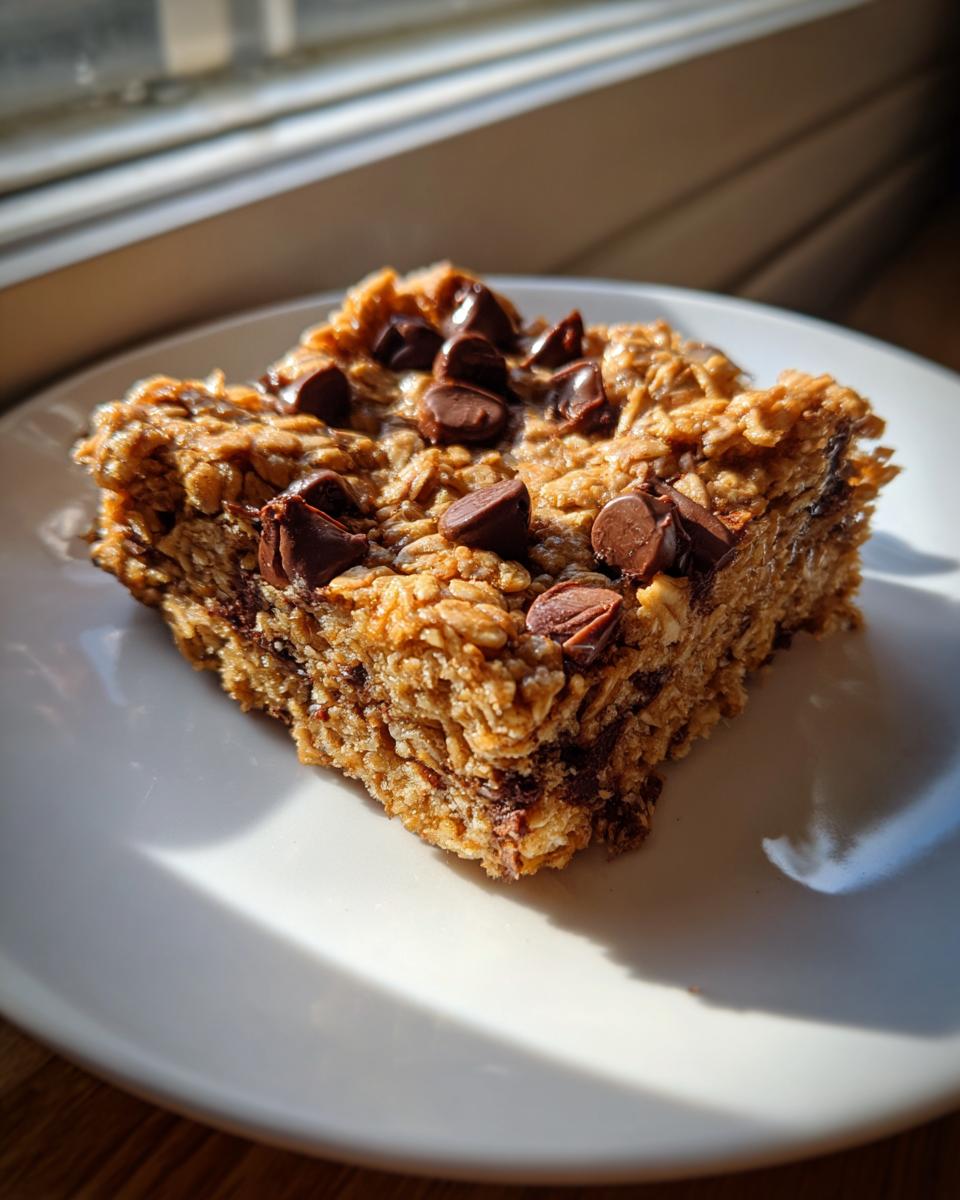 A single, chewy chocolate chip oatmeal bars square served on a white plate, highlighted by bright sunlight.