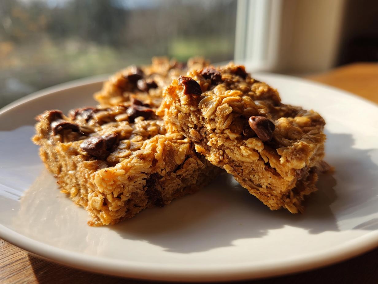 Two chewy oatmeal bars studded with chocolate chips resting on a white plate in bright sunlight.