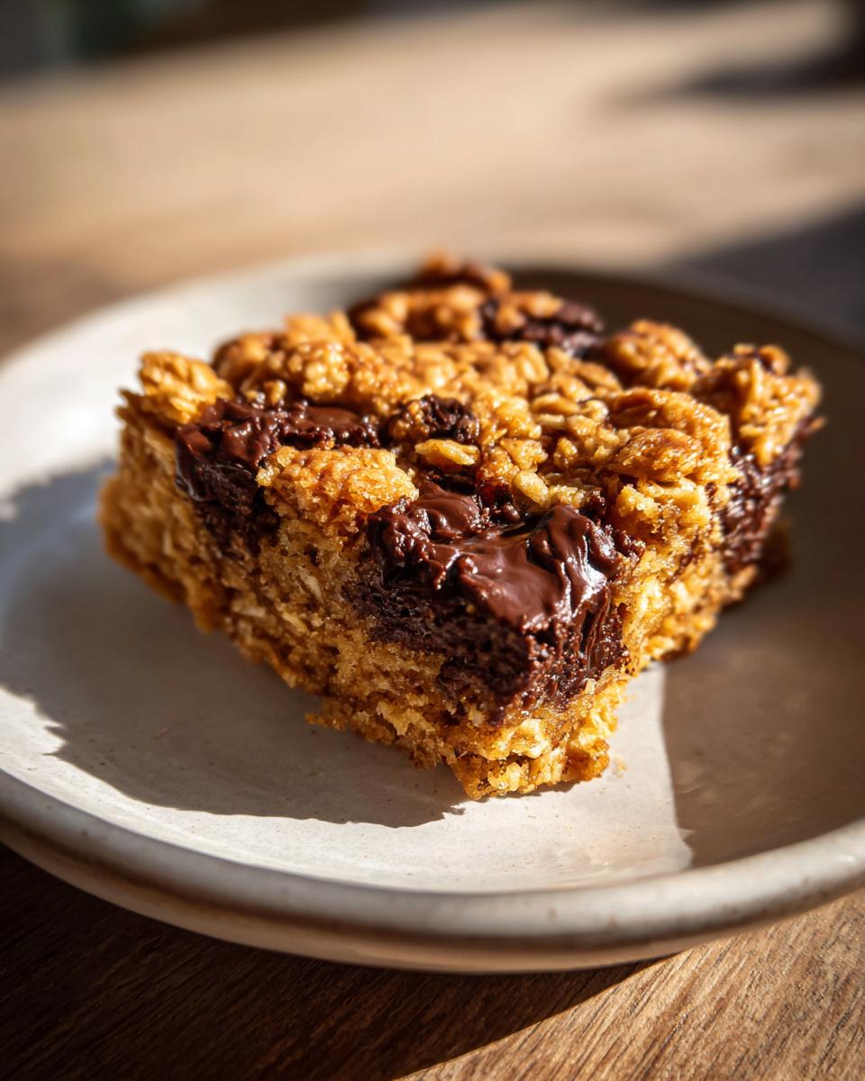 A close-up of a single, chewy oatmeal bars square topped with melted chocolate chunks.