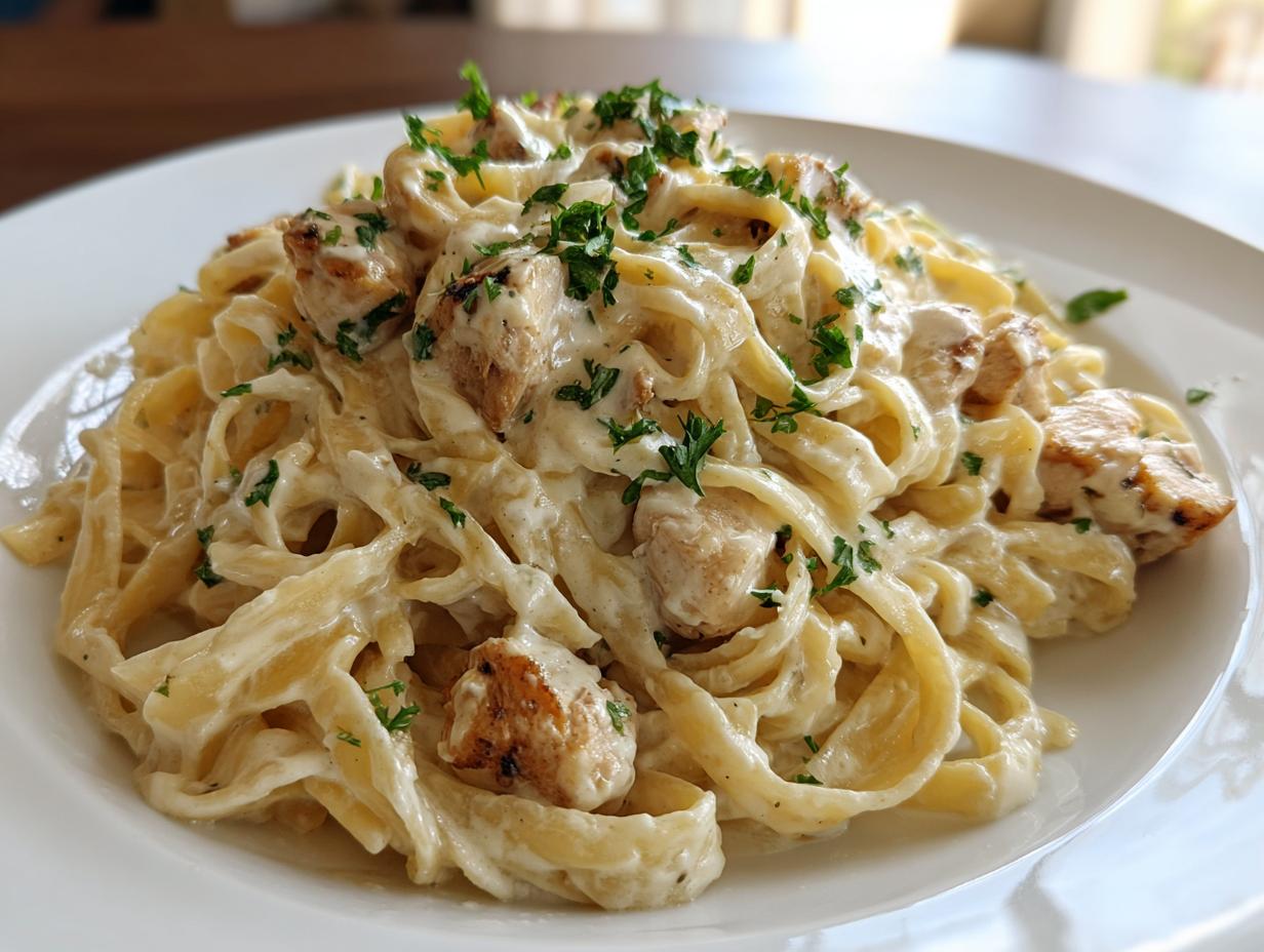 Close-up of creamy chicken alfredo pasta, featuring fettuccine noodles, grilled chicken pieces, and fresh parsley garnish.