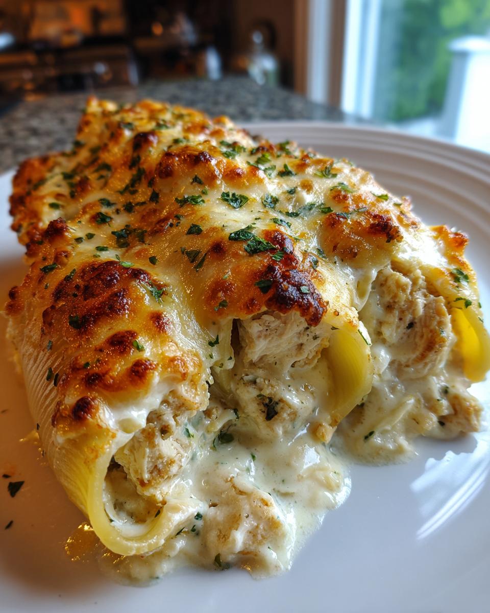 Close-up of baked chicken alfredo stuffed shells overflowing with creamy filling and topped with browned, melted cheese and parsley.