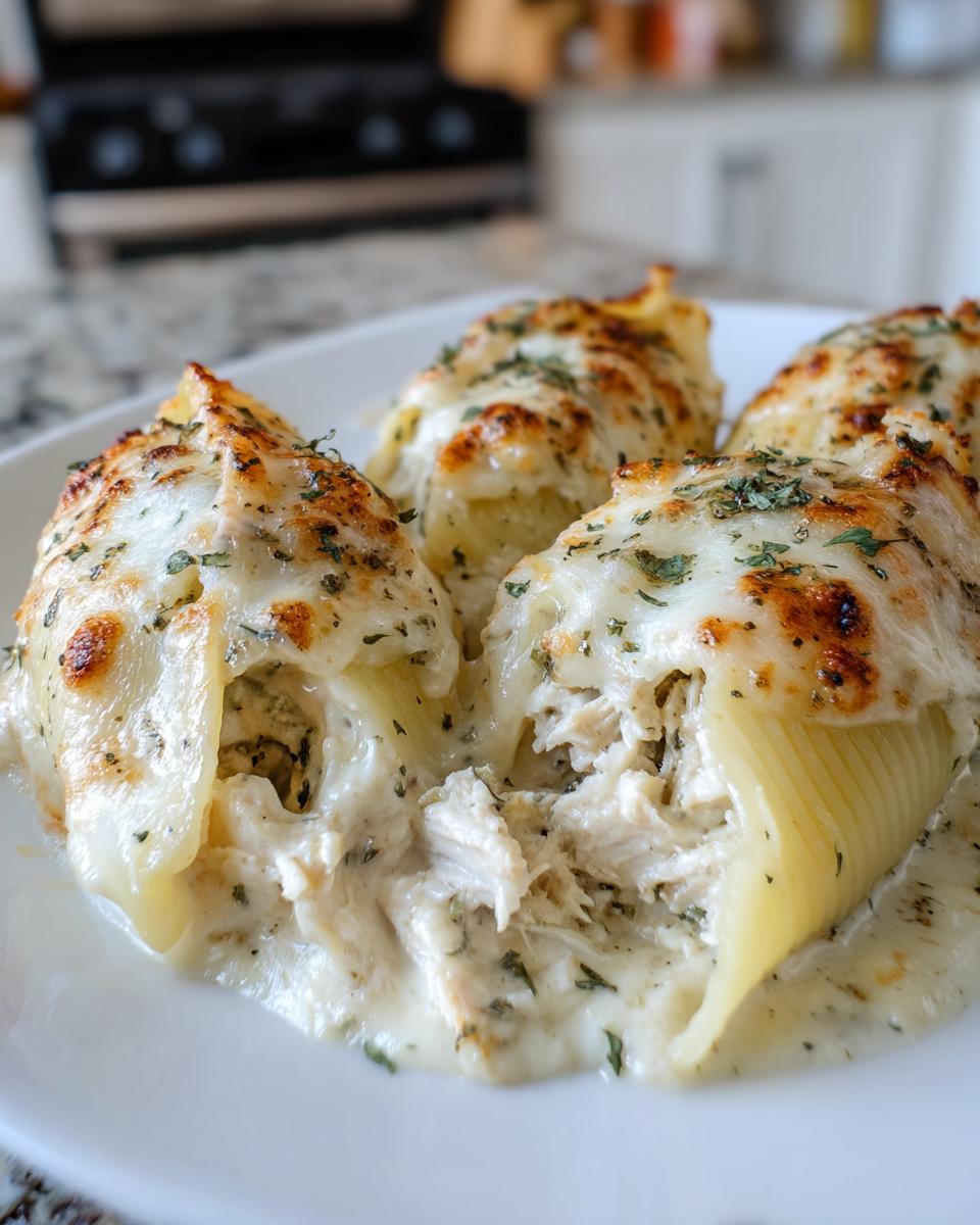 Four baked chicken alfredo stuffed shells topped with bubbly, browned mozzarella cheese and herbs on a white plate.