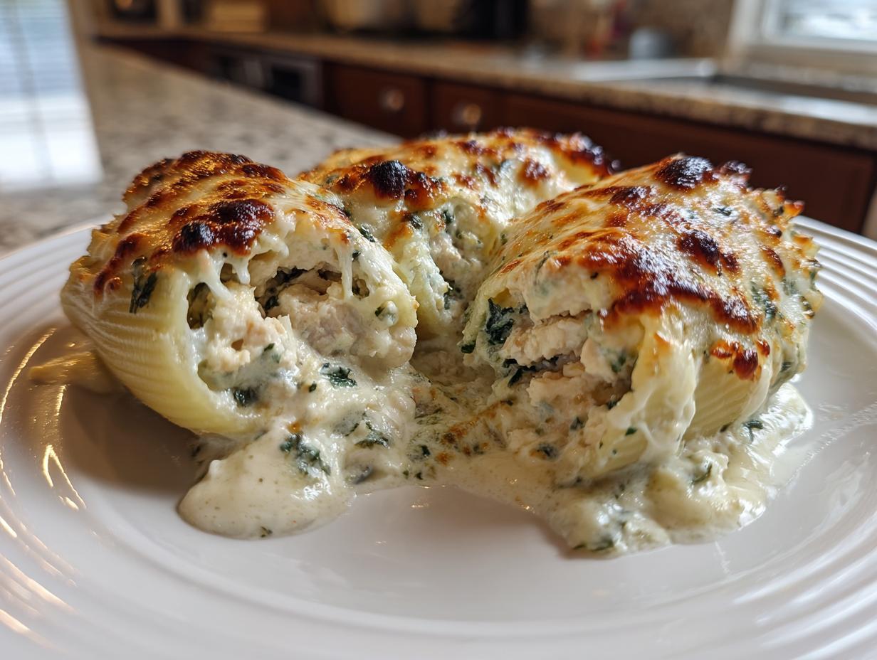 Close-up of three baked chicken alfredo stuffed shells overflowing with creamy filling and topped with browned, melted cheese.