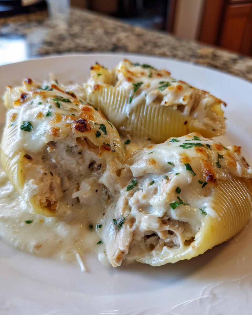 Three baked chicken alfredo stuffed shells covered in melted, browned cheese and fresh parsley on a white plate.