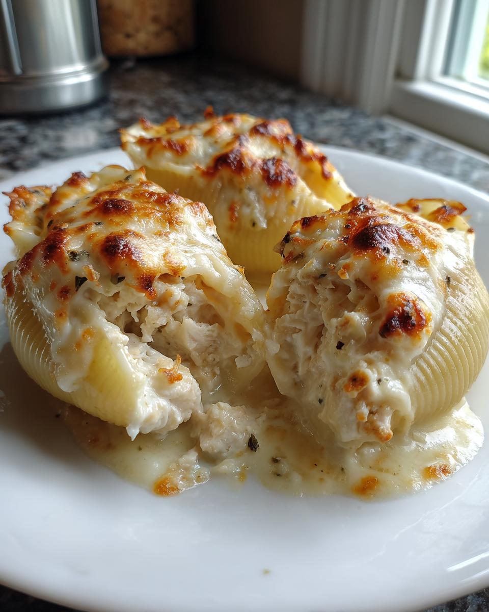 Close-up of baked chicken alfredo stuffed shells, broken open to show creamy filling and browned cheese topping.