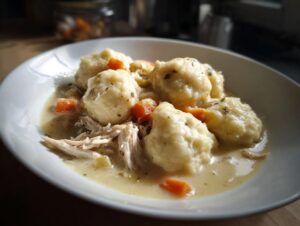 Close-up of a white bowl filled with creamy chicken and dumpling stew, featuring fluffy dumplings and shredded chicken.