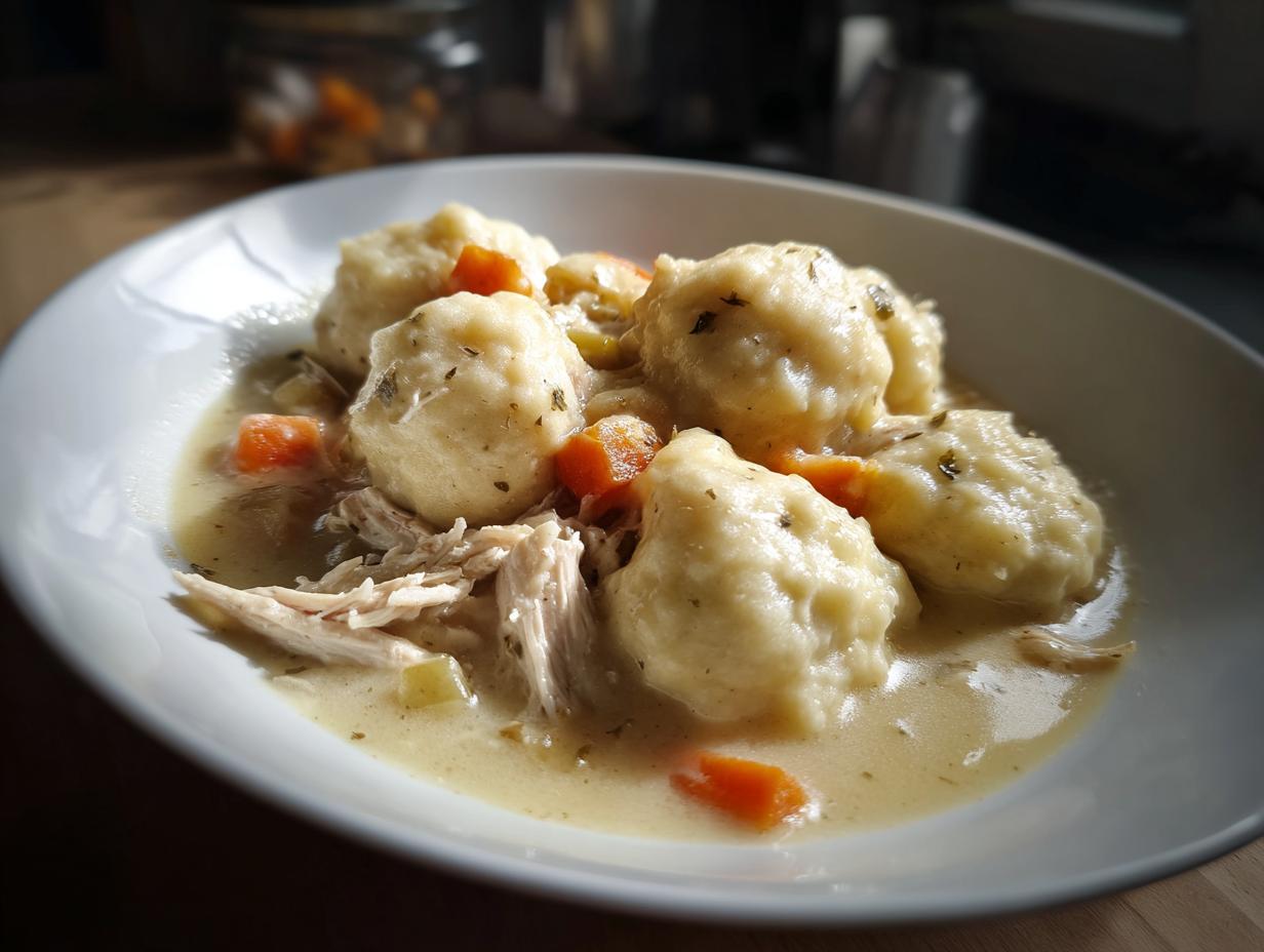 Close-up of a white bowl filled with creamy chicken and dumpling stew, featuring fluffy dumplings and shredded chicken.
