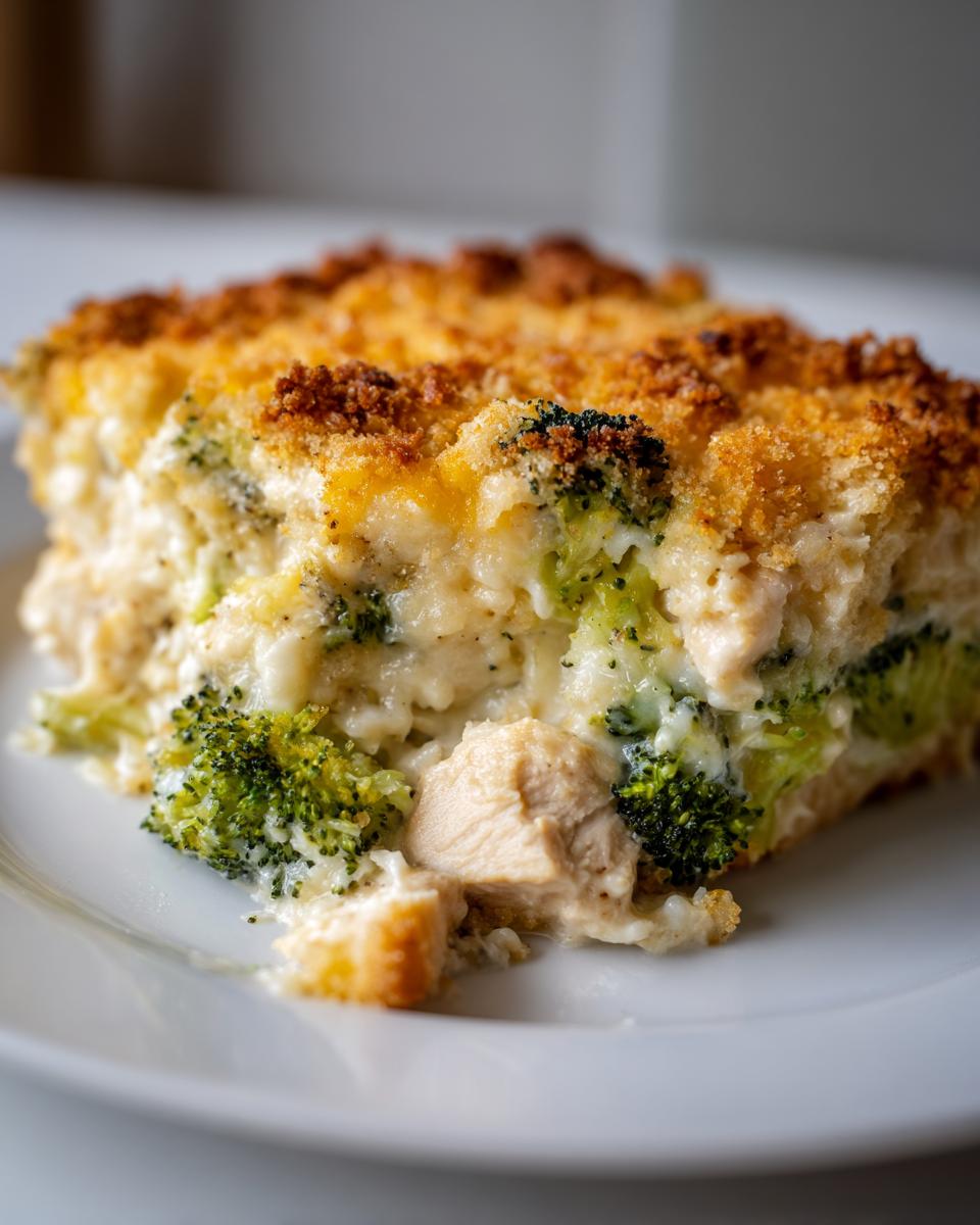 A close-up of a serving of chicken broccoli rice casserole with a golden brown, crunchy topping on a white plate.