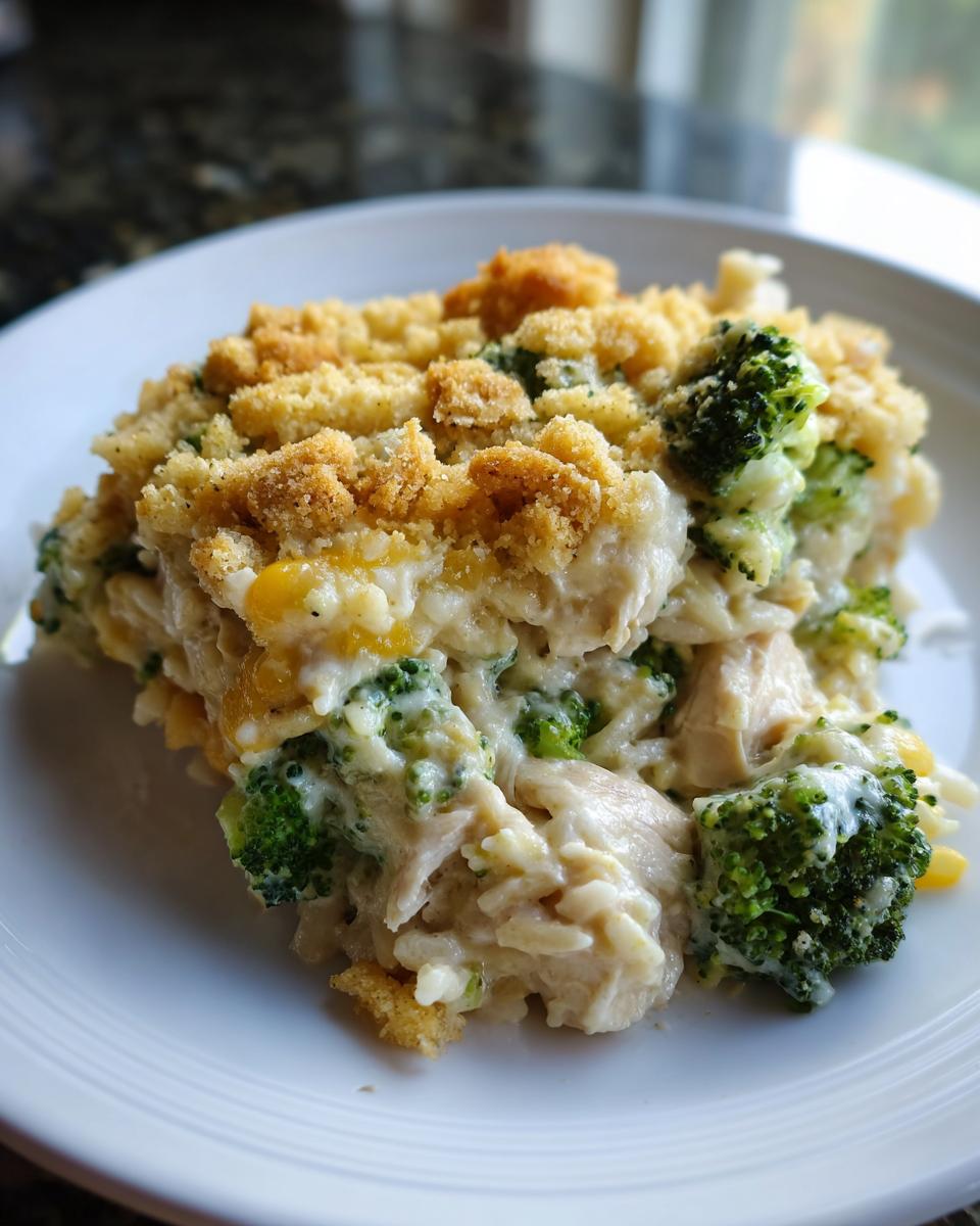 A close-up serving of creamy chicken broccoli rice casserole topped with golden brown crumbs on a white plate.