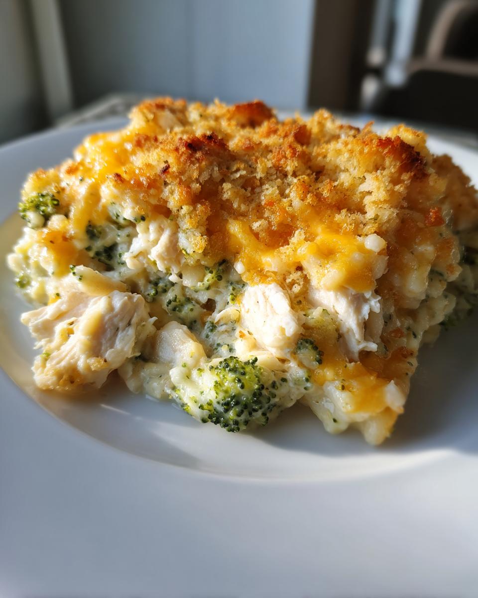 A close-up serving of creamy chicken broccoli rice casserole topped with melted cheese and golden breadcrumbs.