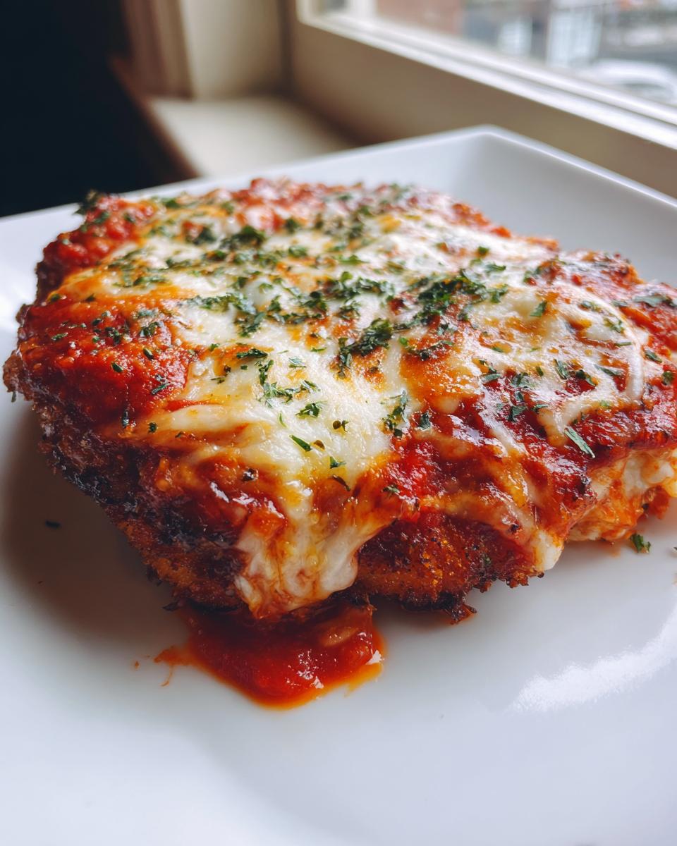 Close-up of a perfectly baked chicken parmesan recipe piece topped with melted mozzarella and parsley.