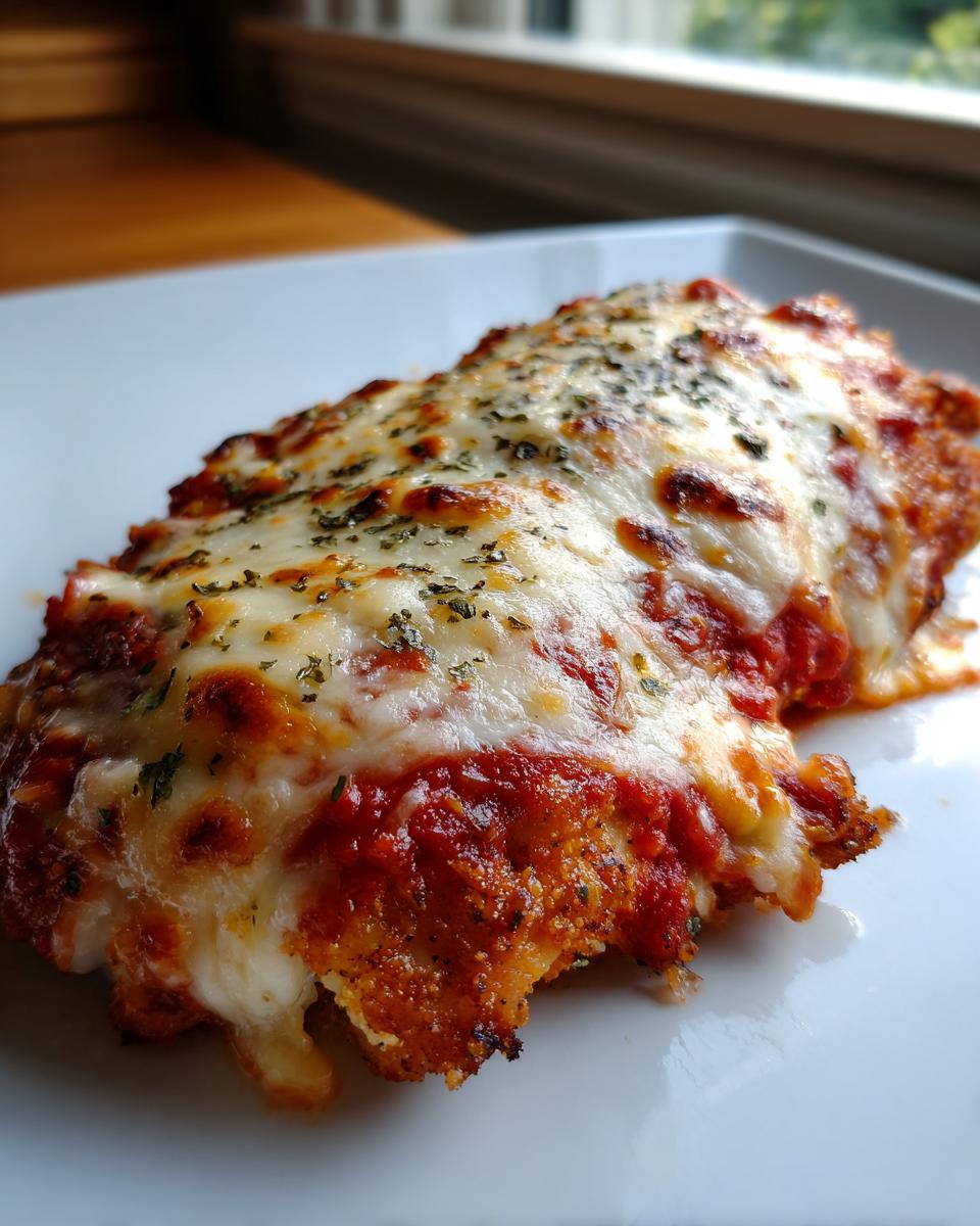 Close-up of a serving of chicken parmesan recipe topped with melted mozzarella and herbs.