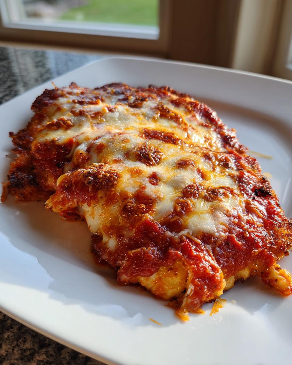 Close-up of a serving of baked chicken parmesan recipe topped with melted mozzarella and rich tomato sauce.