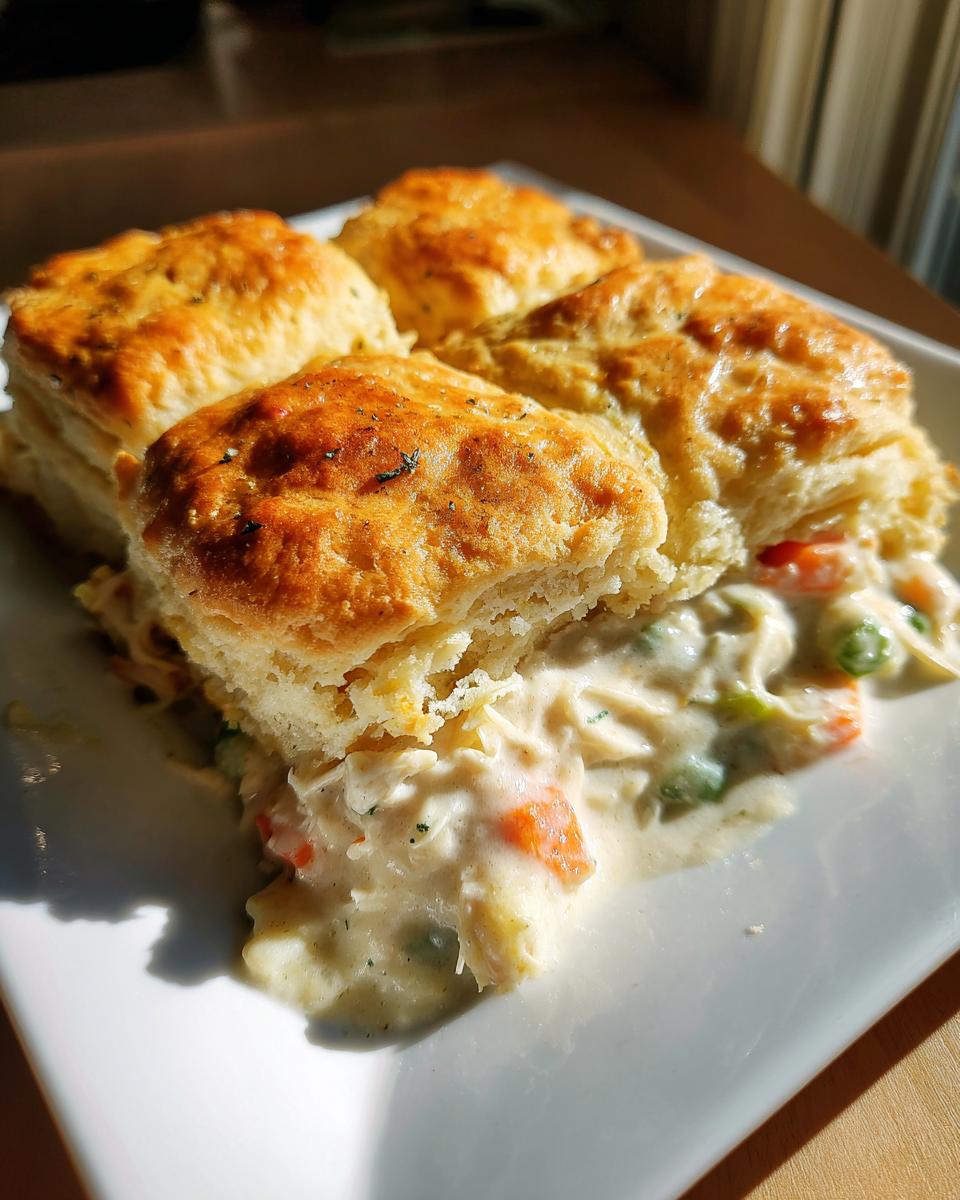 A serving of creamy chicken pot casserole topped with golden, flaky biscuits, featuring carrots and peas.