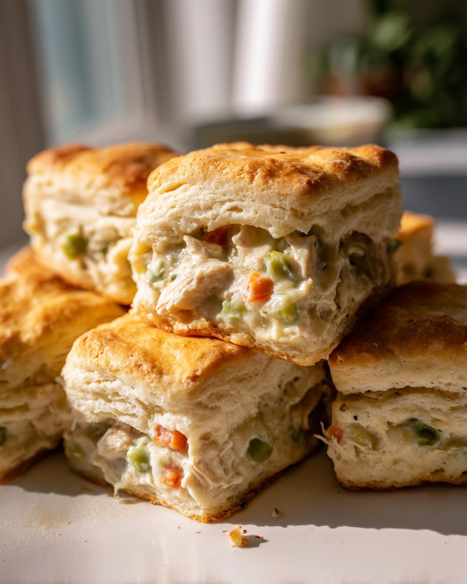 Stack of biscuits filled with creamy chicken pot filling, featuring chicken, peas, and carrots.