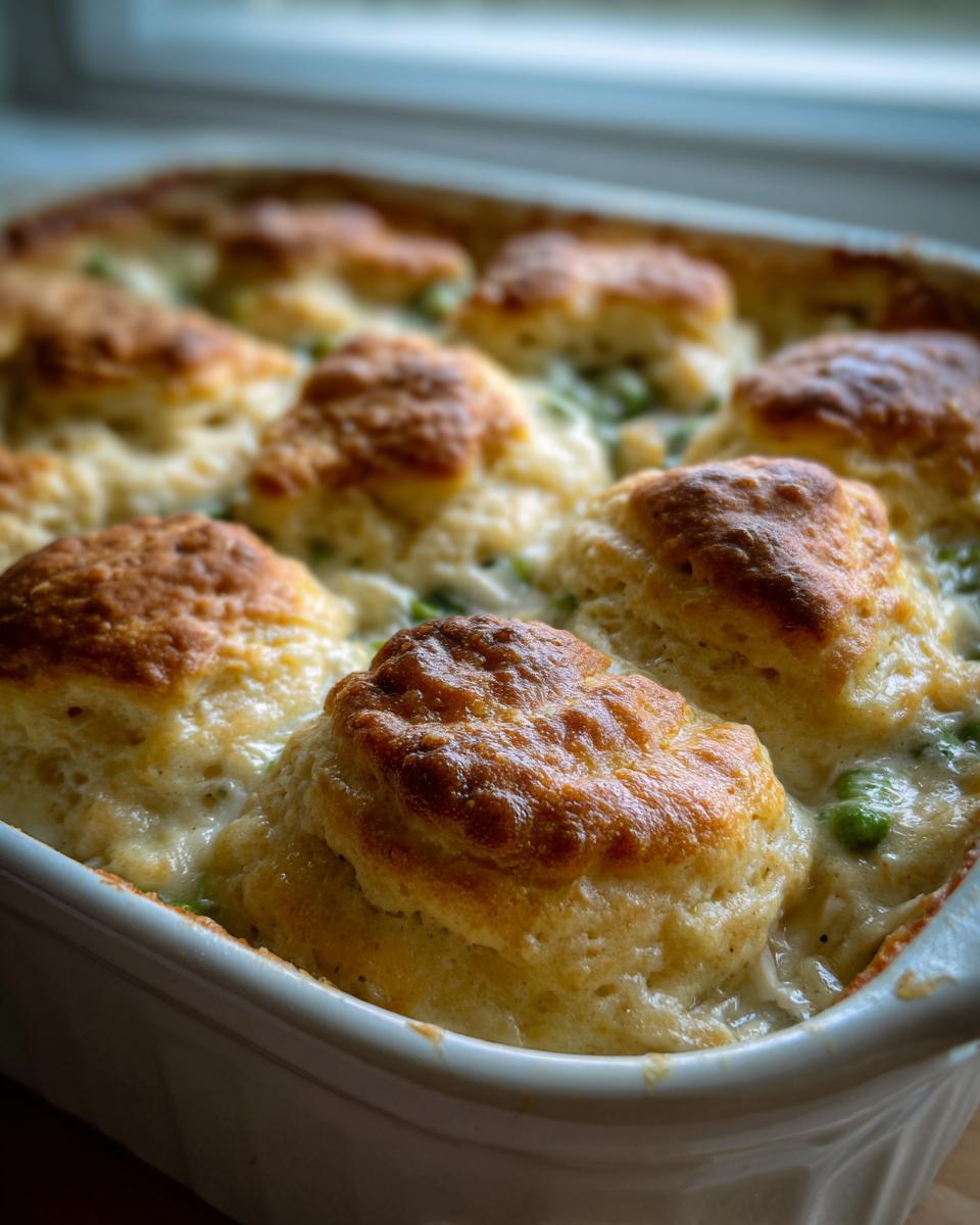 Close-up of a baked chicken pot pie casserole with golden biscuit topping bubbling over creamy filling and peas.