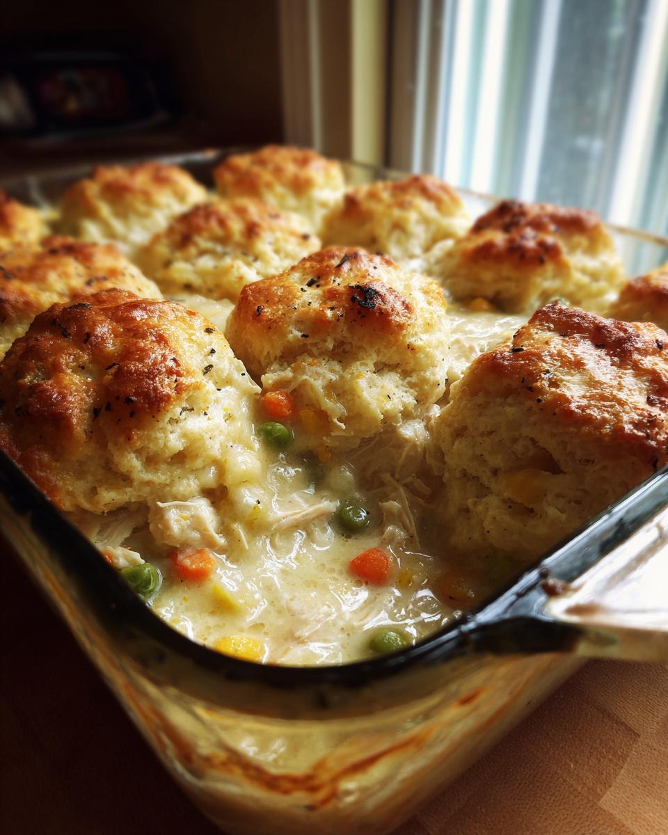 Close-up of a glass baking dish filled with creamy chicken pot pie casserole topped with golden, fluffy biscuits.