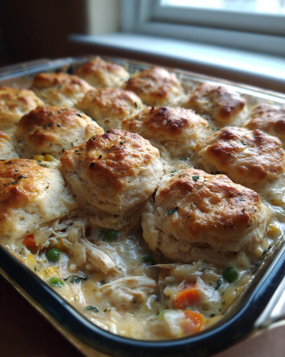 Close-up of baked chicken pot pie casserole topped with golden biscuits, showing creamy filling with chicken, peas, and carrots.