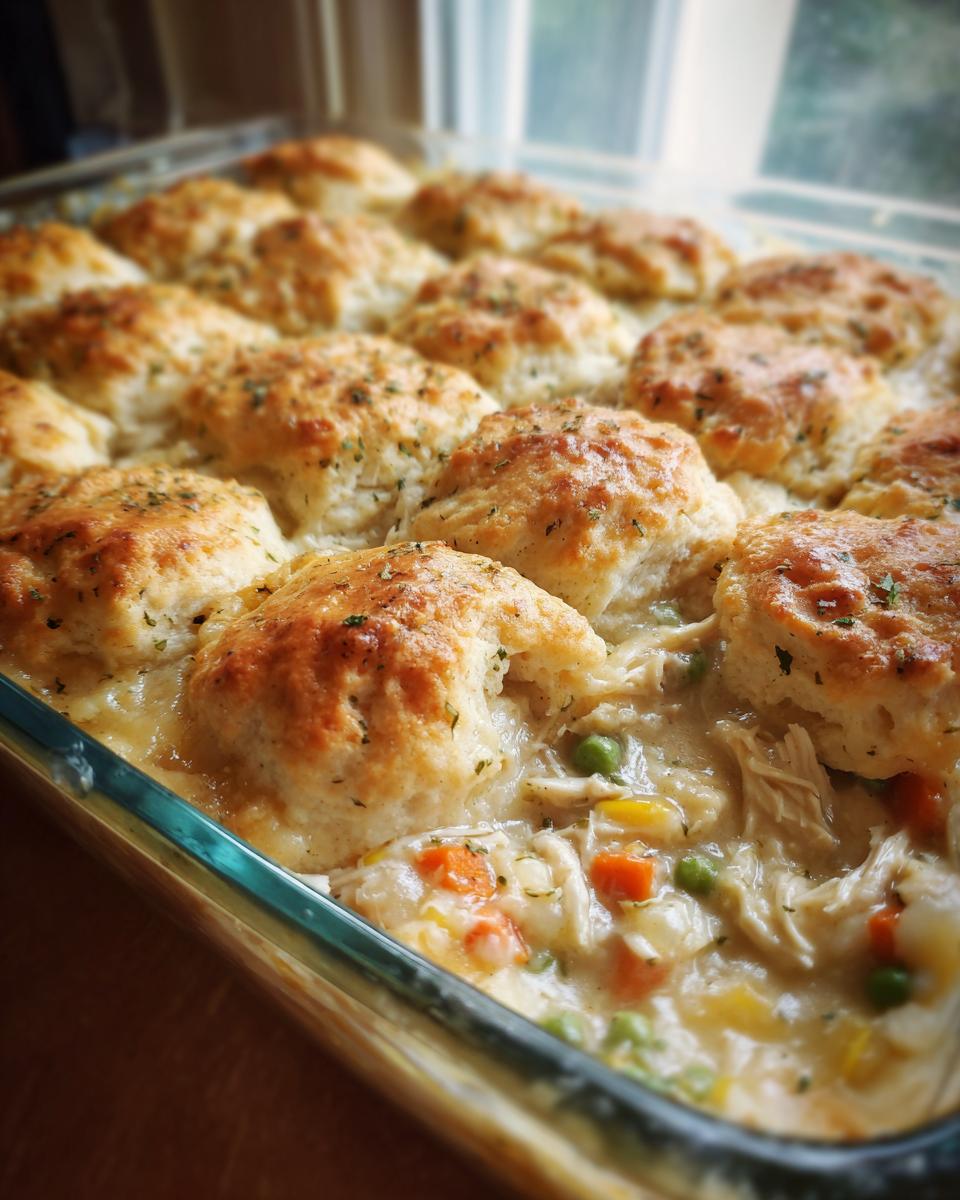 Close-up of a baked chicken pot pie casserole topped with golden biscuits and visible creamy filling with chicken and vegetables.